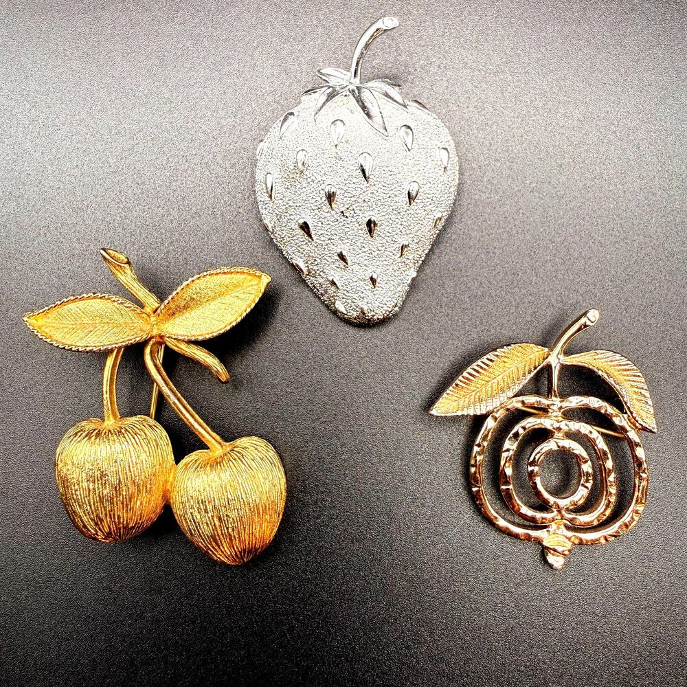 Vintage Sarah Coventry Fruit Brooch Lot of 3 Strawberry Cherry Apple Gold Silver
